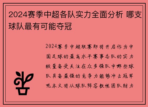 2024赛季中超各队实力全面分析 哪支球队最有可能夺冠