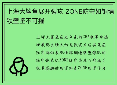 上海大鲨鱼展开强攻 ZONE防守如铜墙铁壁坚不可摧